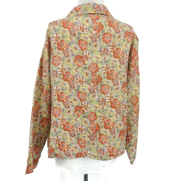 Flax Floral Linen Blouse Womens Small Yellow Rust Boxy Button Front - Picture 3 of 6
